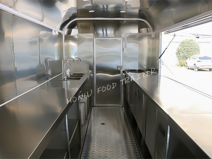 Stainless steel workbench in food trailer