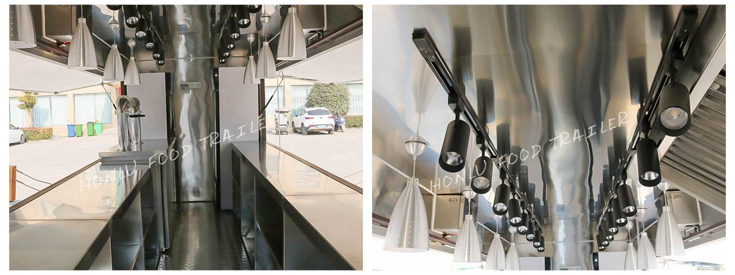 Stainless steel countertop&Ambient and sliding spotlights of the coffee trailer